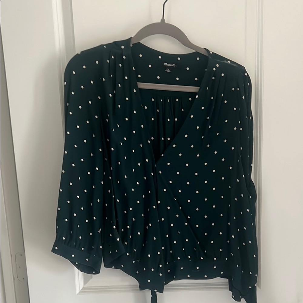 Madewell Green Tie Front Blouse with 3/4 Sleeves
